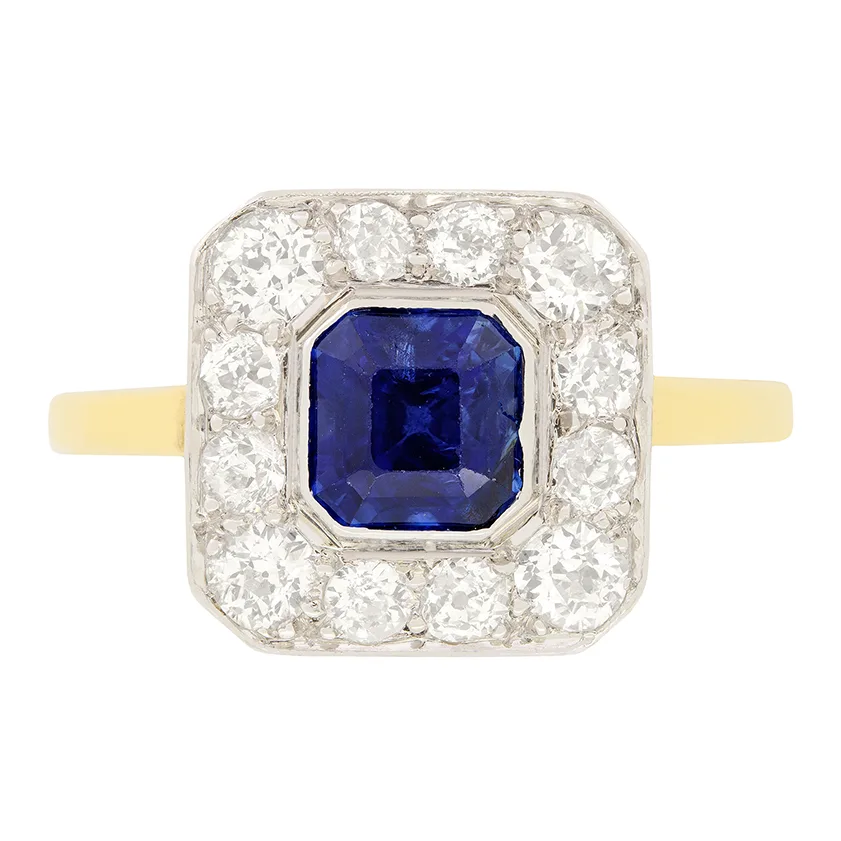 Edwardian 1.30ct Sapphire and Diamond Cluster Ring, c.1910s
