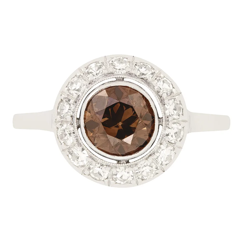 Art Deco 1.05ct Cognac Diamond Halo Ring, c.1920s