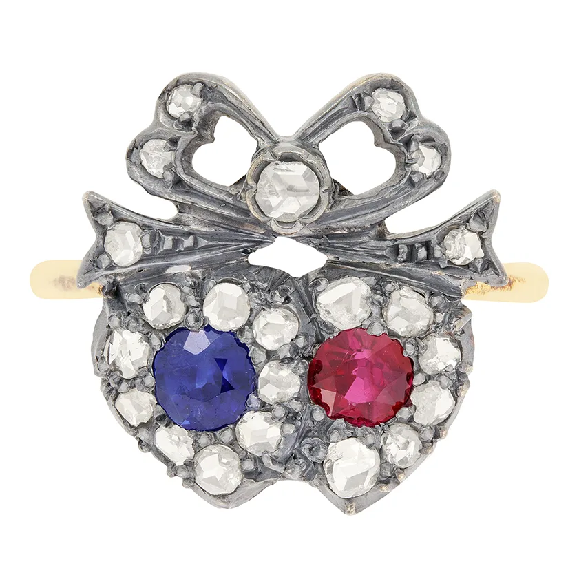 Victorian 0.35ct Sapphire and Ruby Double Heart Ring, c.1880s