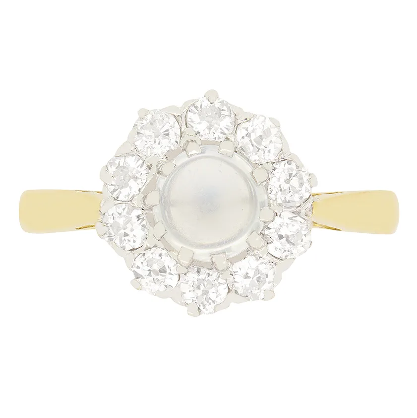 Edwardian 1.00ct Moonstone and Diamond Cluster Ring, c.1910s