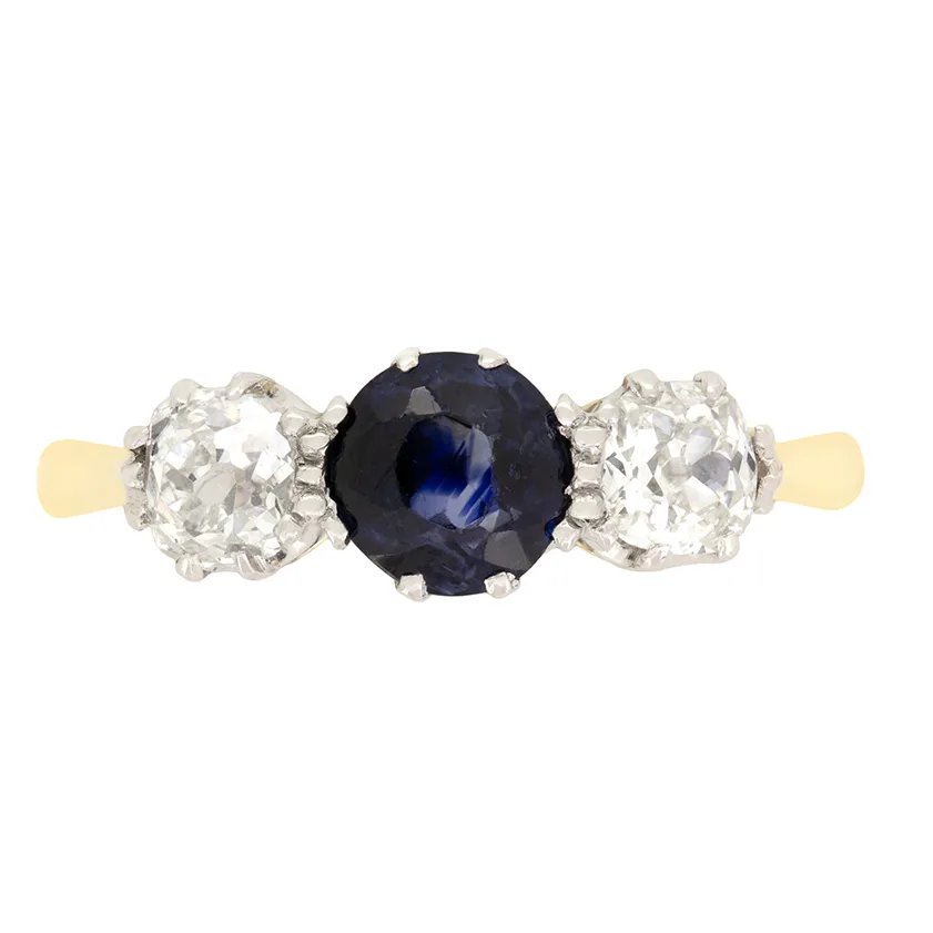 Edwardian 0.85ct Sapphire and Diamond Three Stone Ring, c.1910s