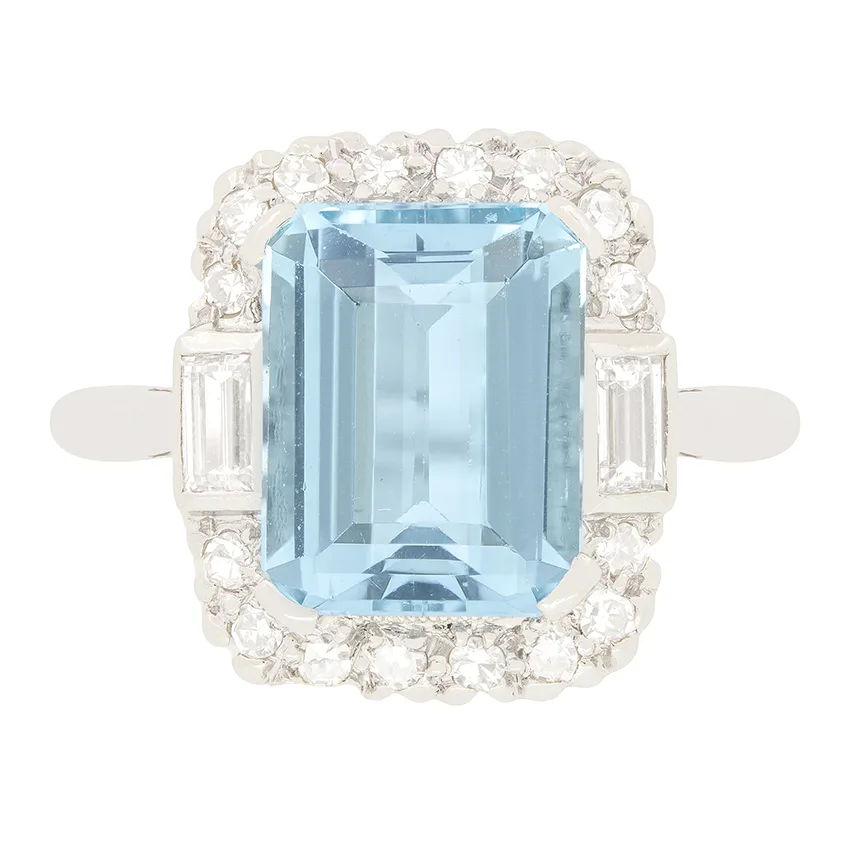 Late Deco 3.20ct Aquamarine and Diamond Cluster Ring, c.1940s