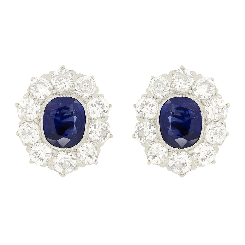 Edwardian 2.00ct Sapphire and Diamond Cluster Earrings, c.1910s