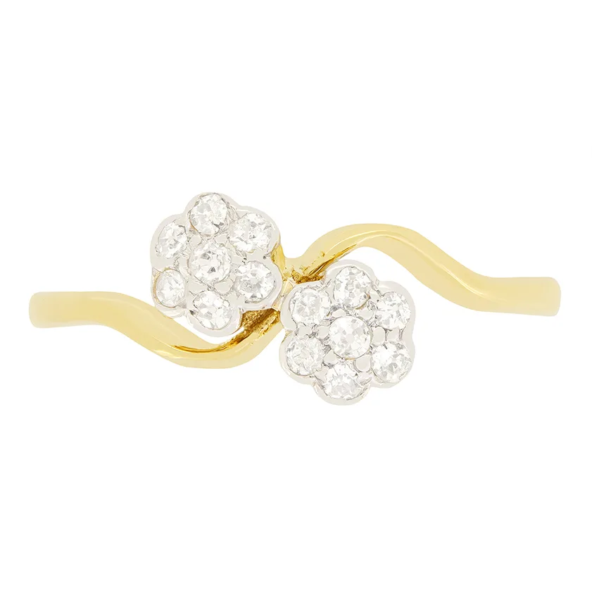 Edwardian 0.26ct Diamond Double Daisy Cluster Ring, c.1910s