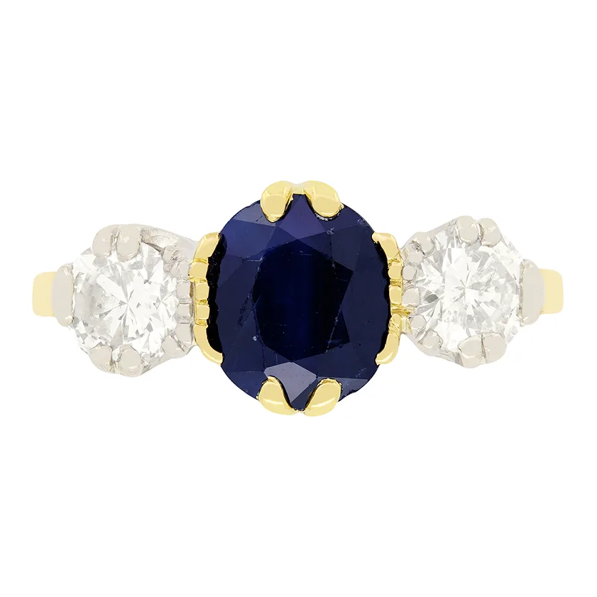 Vintage 1.50ct Sapphire and Diamond Trilogy Ring, c.1950s