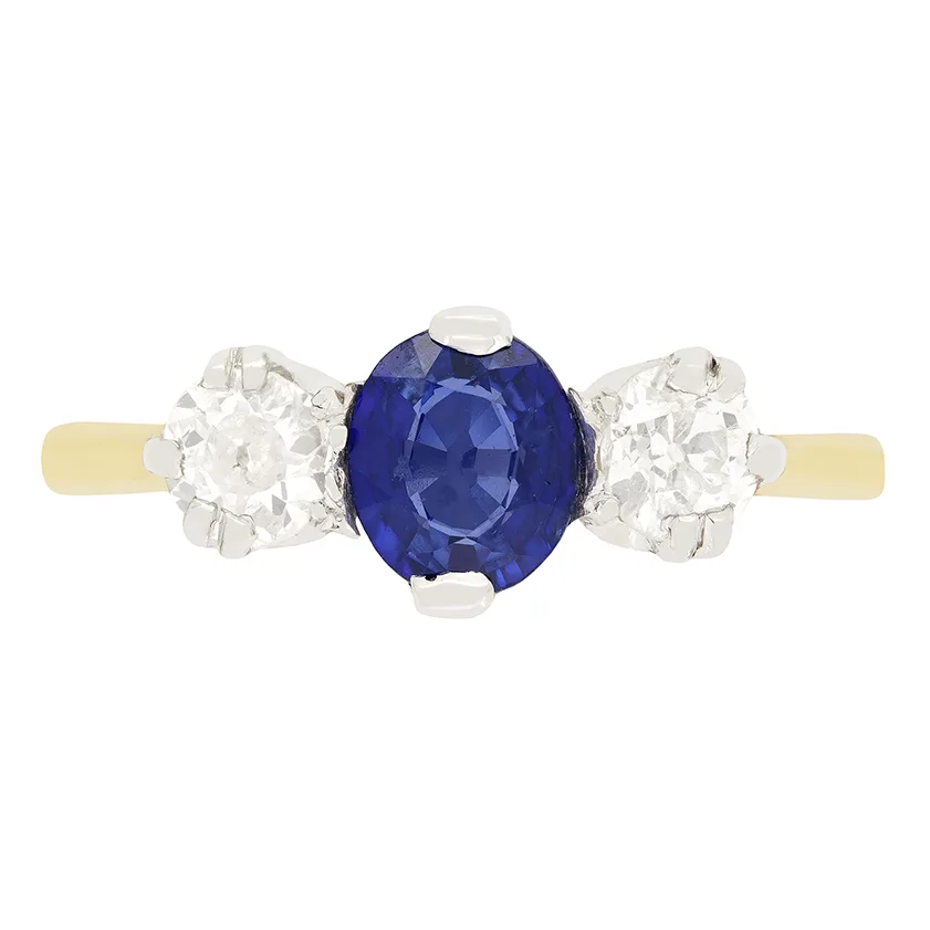 Edwardian 0.80ct Sapphire and Diamond Three Stone Ring, c.1910s