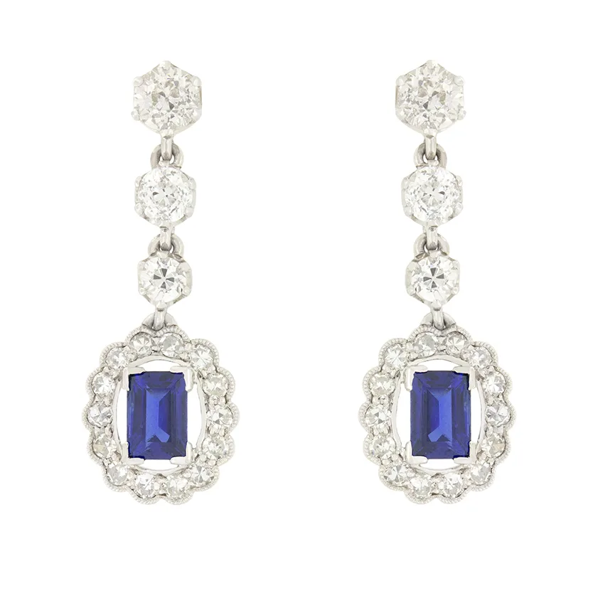 Art Deco 1.00ct Sapphire and Diamond Drop Earrings, c.1920s