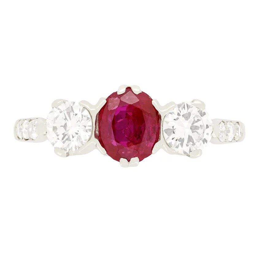 Late Deco 0.80ct Ruby and Diamond Three Stone Ring, c.1940s