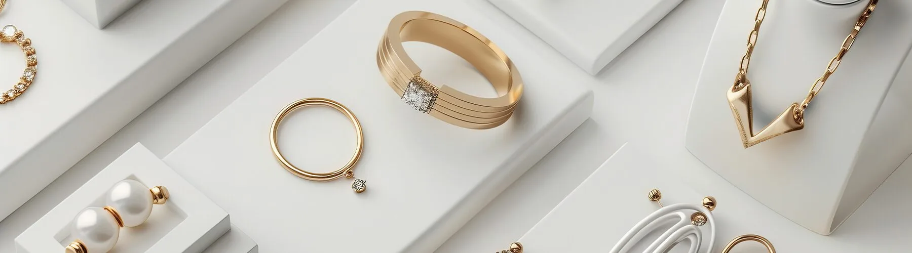 A varied selection of jewellery sites on a white background. Rings, necklaces and broches of different ages