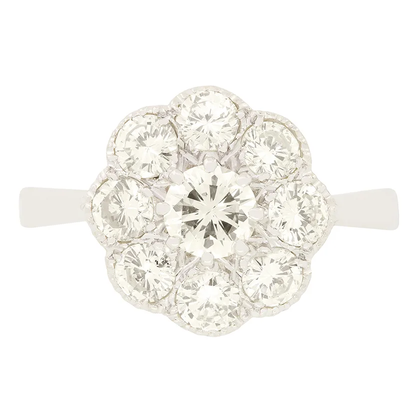 Vintage 1.60ct Diamond Daisy Cluster Ring, c.1950s