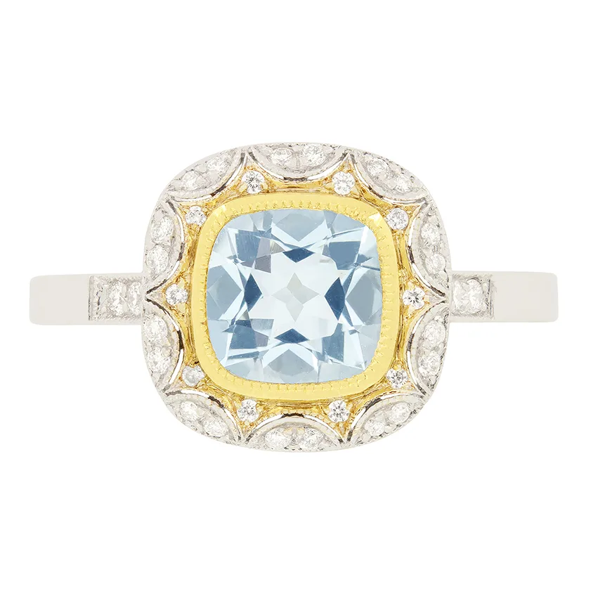 Vintage 1.00ct Aquamarine and Diamond Cluster Ring, c.1970s