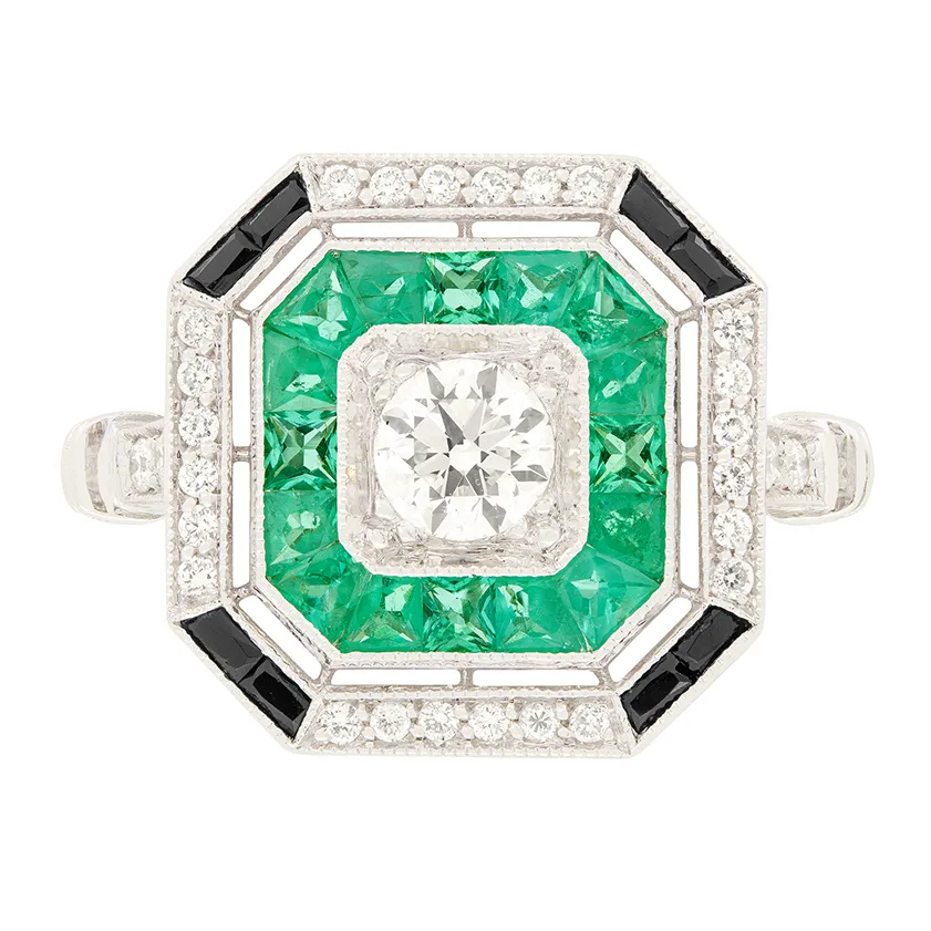Vintage 0.40ct Diamond, Emerald and Onyx Target Ring, c.1980s