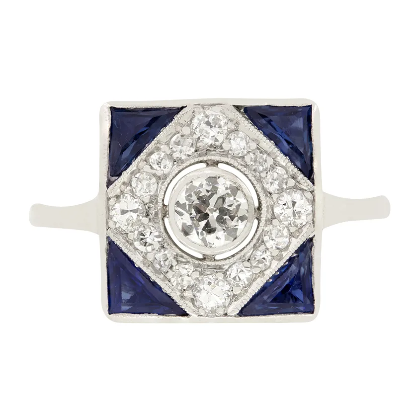 Art Deco 0.50ct Diamond and Sapphire Square Cluster Ring, c.1920s