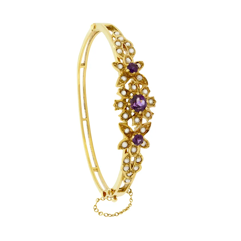 Vintage 1.30ct Amethyst and Pearl bangle, hallmarked 1975