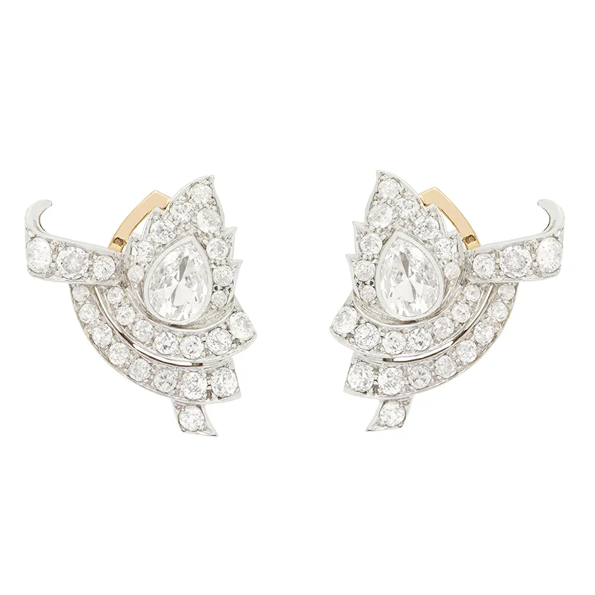Art Deco 4.00ct Diamond Leaf Cluster Earrings, c.1920s