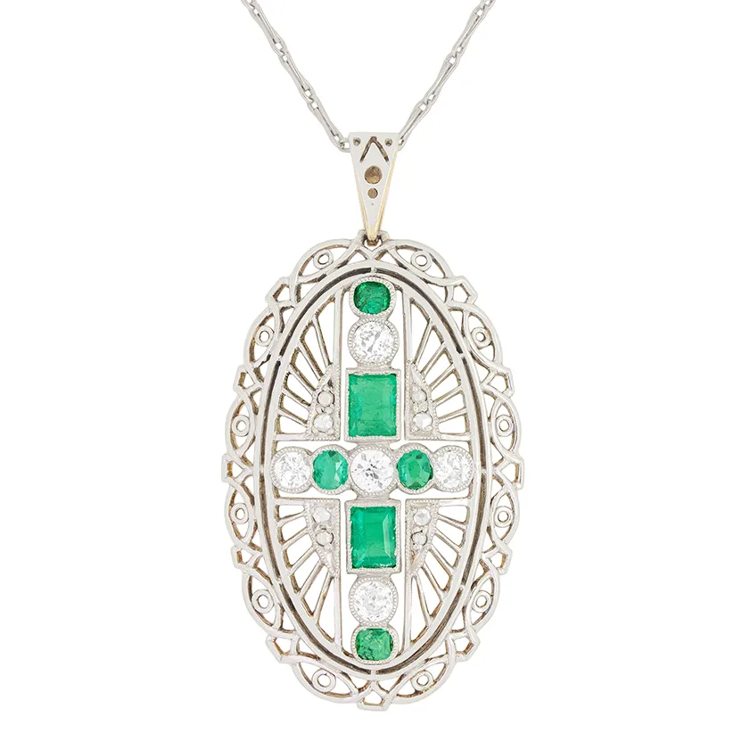 Edwardian 1.20ct Emerald and Diamond Pendant, c.1910s