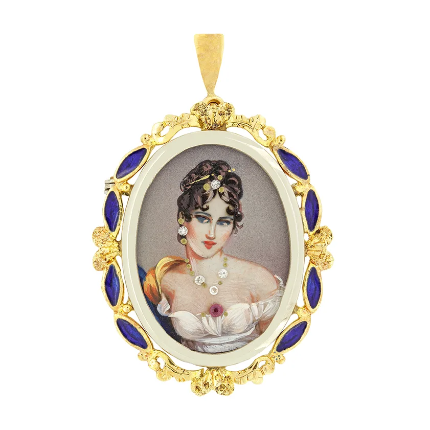 Vintage Diamond and Ruby Portrait Pendant, Hallmarked 1981