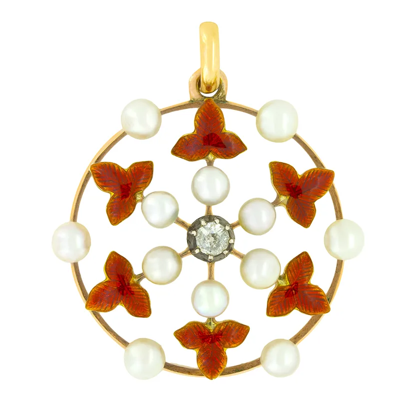 Victorian 0.10ct Diamond, Pearl and Enamel Pendant, c.1880s