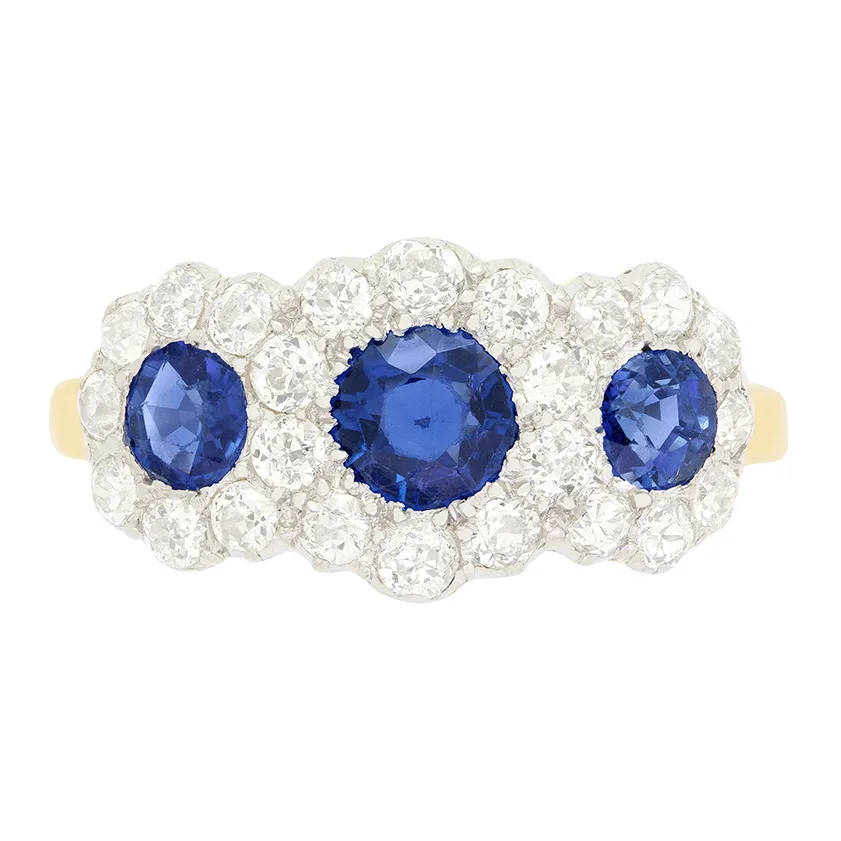 Edwardian 1.10ct Sapphire and Diamond Trilogy Halo Ring, c.1910s