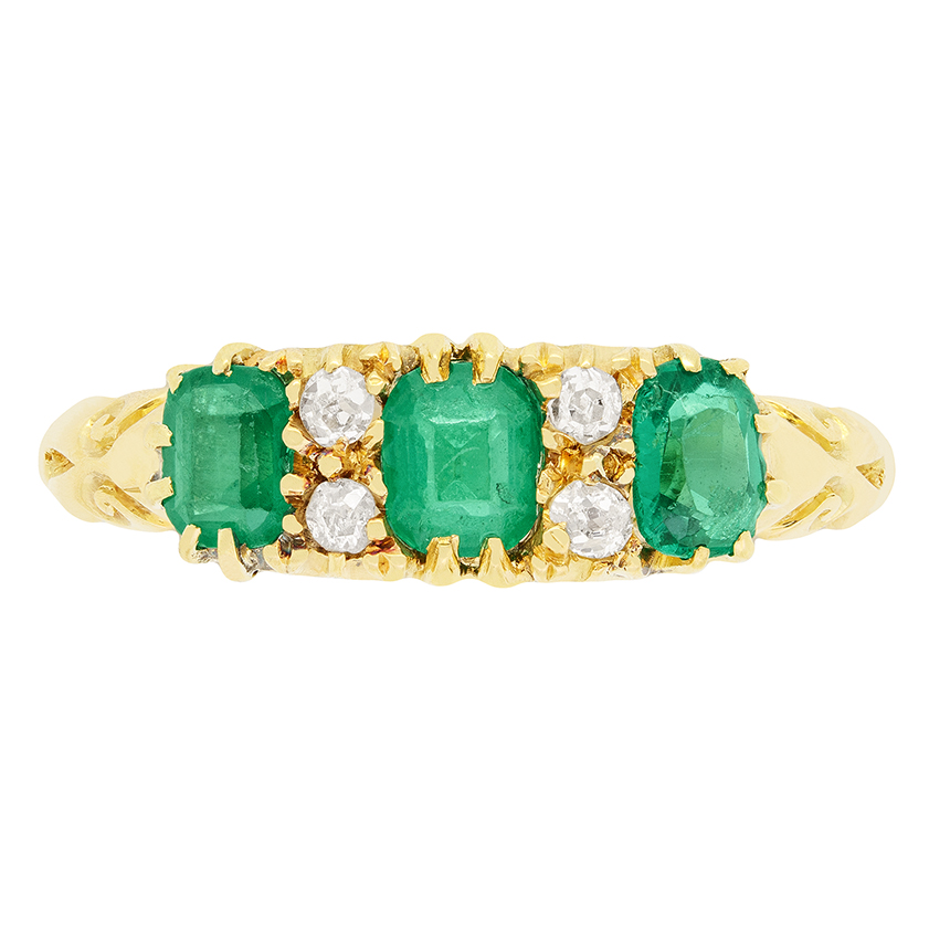 Antique Emerald and Diamond Three Stone Ring, hallmarked