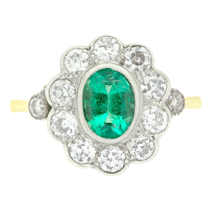 Vintage 1.00ct Emerald and Diamond Cluster Ring, c.1970s