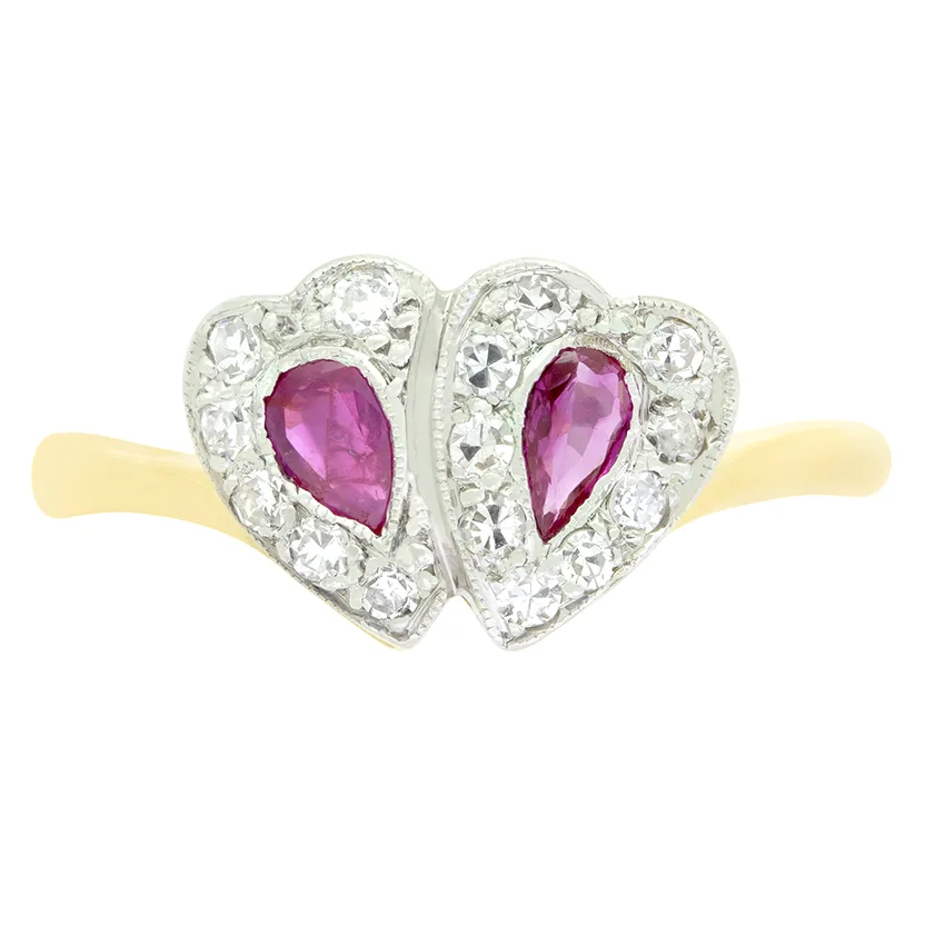 Edwardian 0.40ct Ruby and Diamond Double Heart Cluster Ring, c.1910s