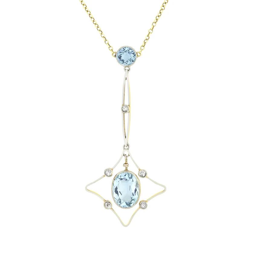 Edwardian 2.40ct Aquamarine and Diamond Drop Necklace, c.1910s