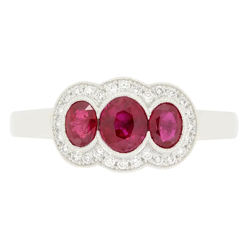 Contemporary 0.60ct Ruby and Diamond Three Stone Cluster Ring