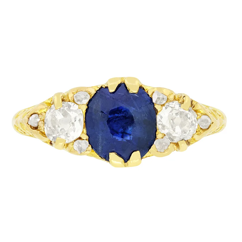 Victorian 1.05ct Sapphire and Diamond Trilogy Ring, c.1880s