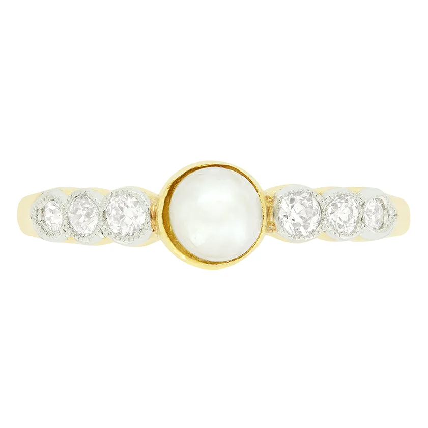 Edwardian Pearl and Diamond Solitaire Ring, c.1910s