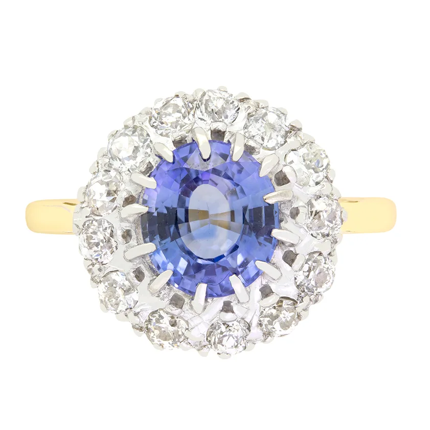 Late Deco 2.00ct Sapphire and Diamond Cluster Ring. c.1930s