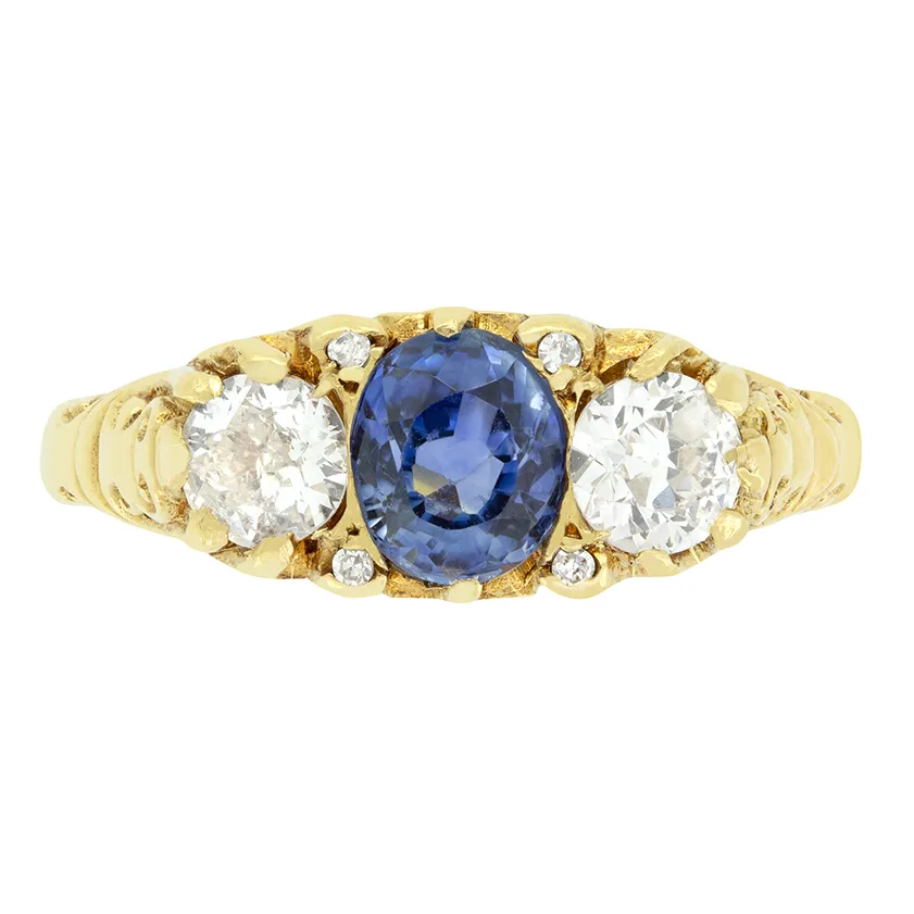 Victorian 0.90ct Sapphire and Diamond Three Stone Ring, c.1880s