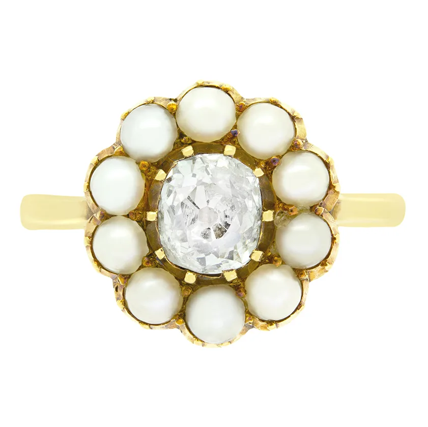 Victorian 0.60ct Diamond and Pearl Cluster Ring, c.1880s