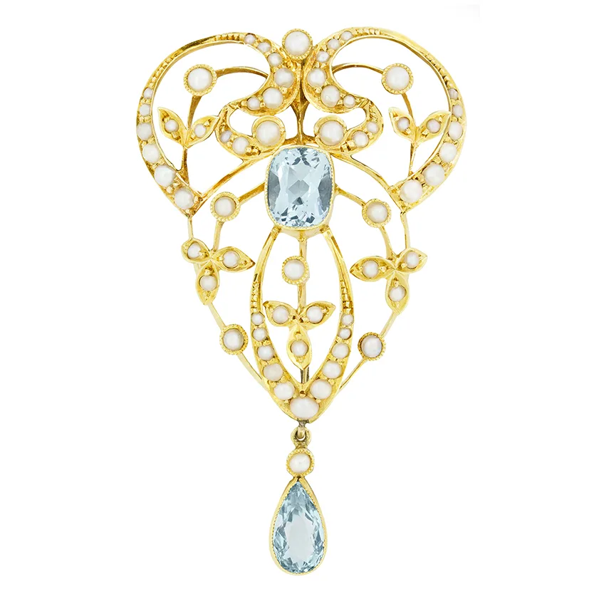 Victorian 1.75ct Aquamarine and Pearl Pendant/Brooch, c.1900s
