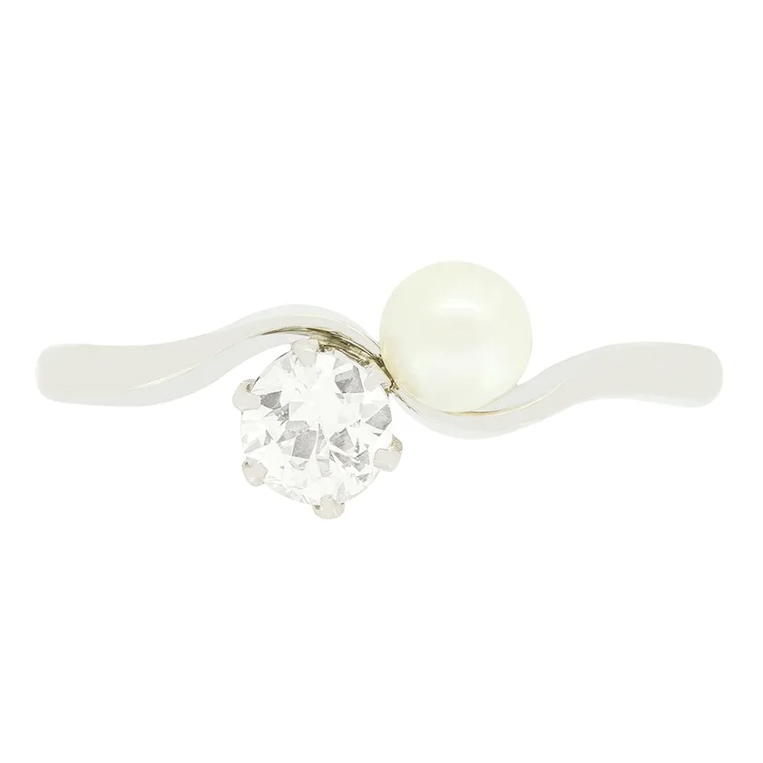 Art Deco 0.35ct Diamond and Pearl Two Stone Twist Ring, c.1930s