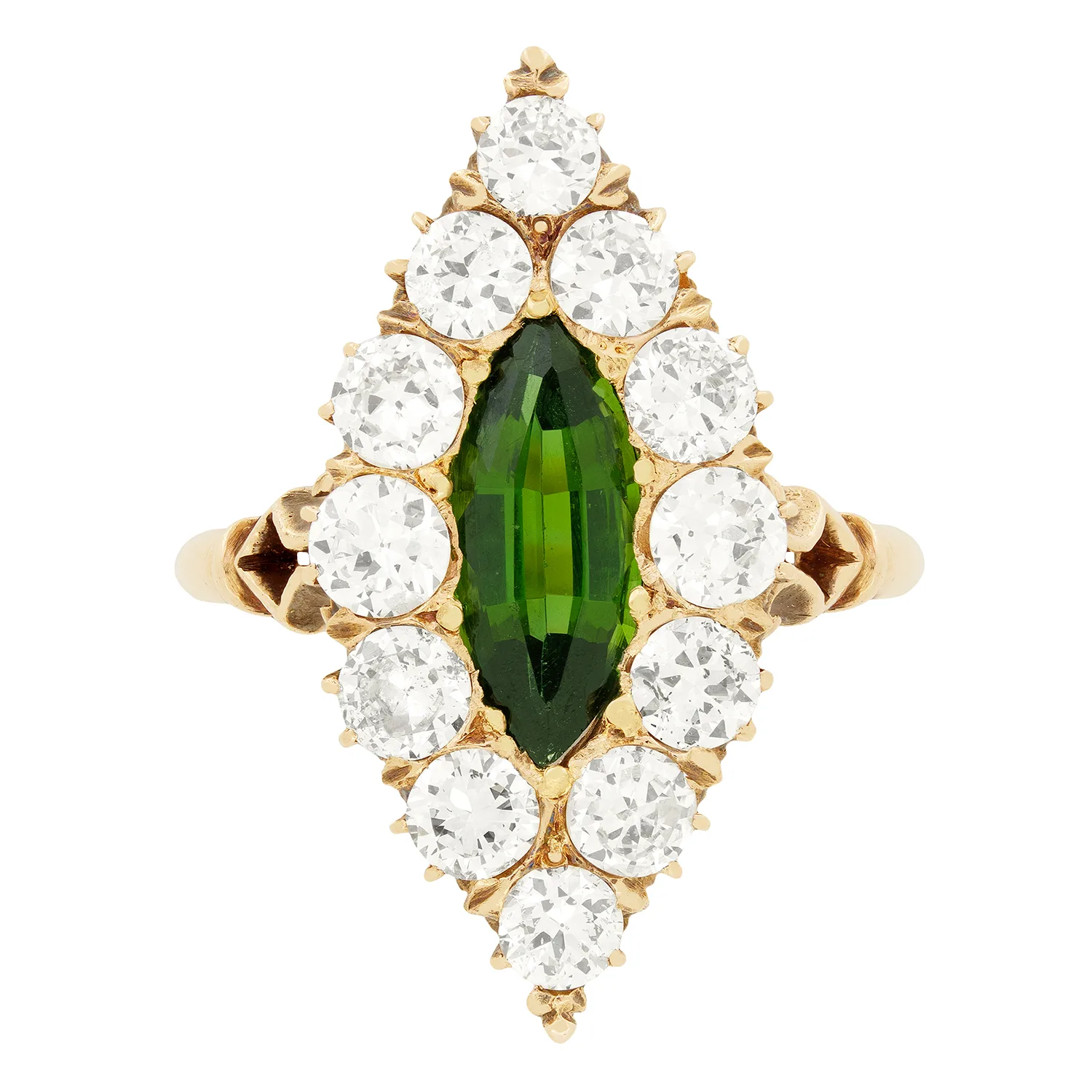 Victorian 1.40ct Emerald and Diamond Boat Ring, c.1880s