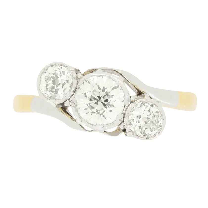 Edwardian 1.10ct Diamond Three Stone Twist Ring, c.1910s