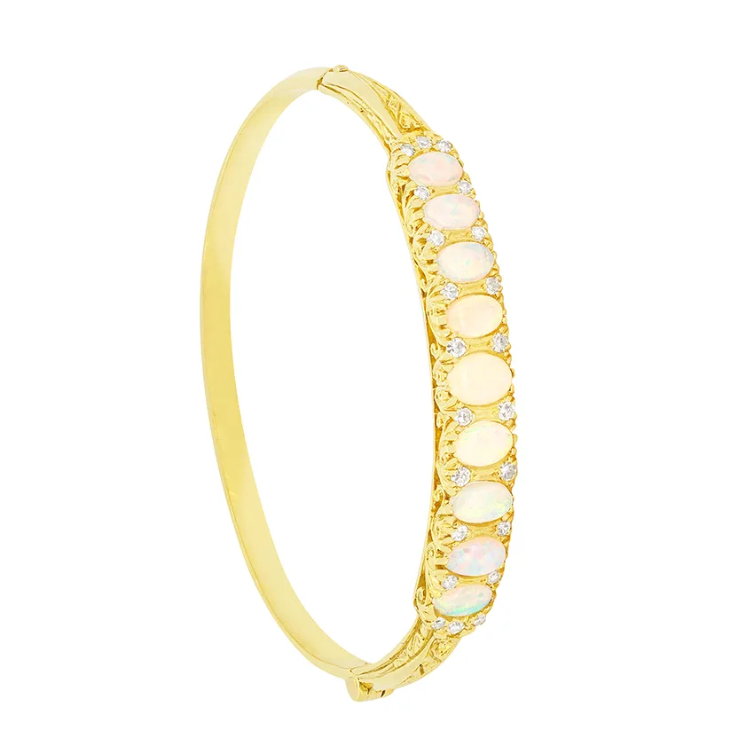Vintage 1.65ct Opal and Diamond Bangle, c.1950s
