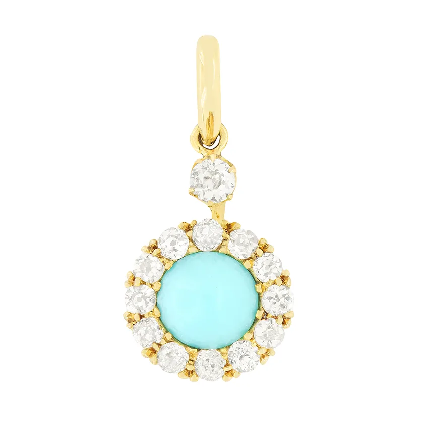 Victorian 0.50ct Turquoise and Diamond Cluster Pendant, c.1880s