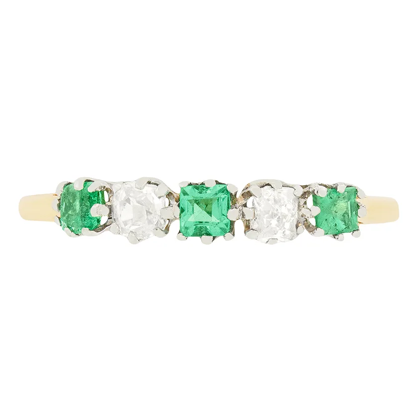 Edwardian 0.50ct Emerald and Diamond Five Stone Ring, c.1910s
