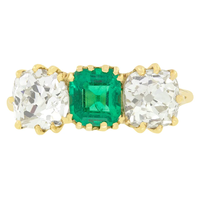 Victorian 0.80ct Emerald and Diamond Trilogy Ring, c.1880s