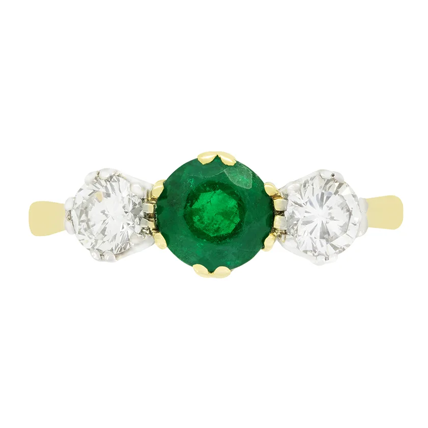 Vintage 0.80ct Emerald and Diamond Three Stone Ring, hallmarked 1986