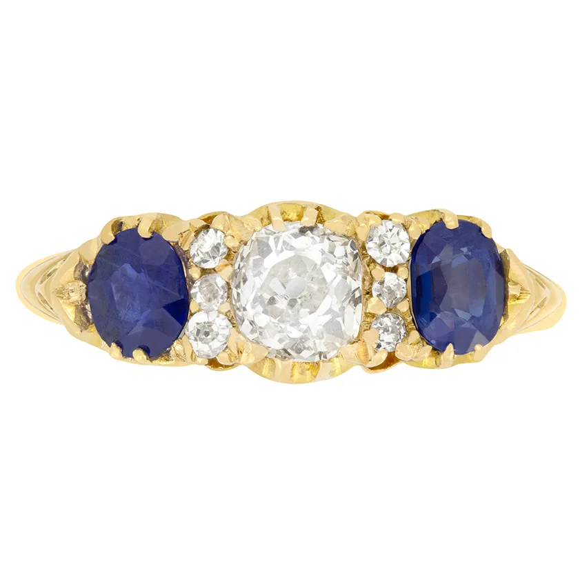 Victorian 0.60ct Diamond and Sapphire Three Stone Ring, c.1880s