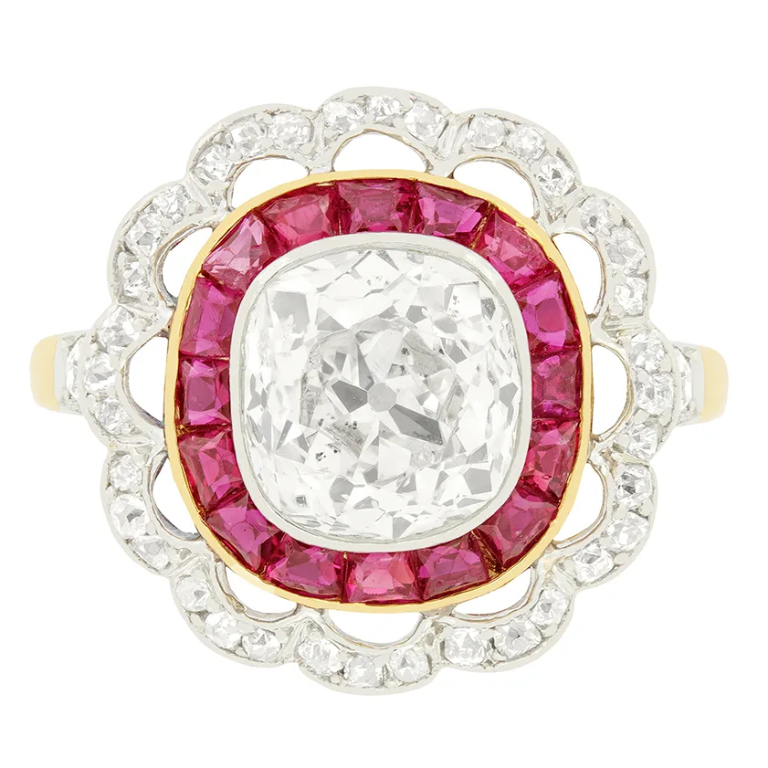 Edwardian 2.30ct Diamond and Ruby Target Ring, c.1910s