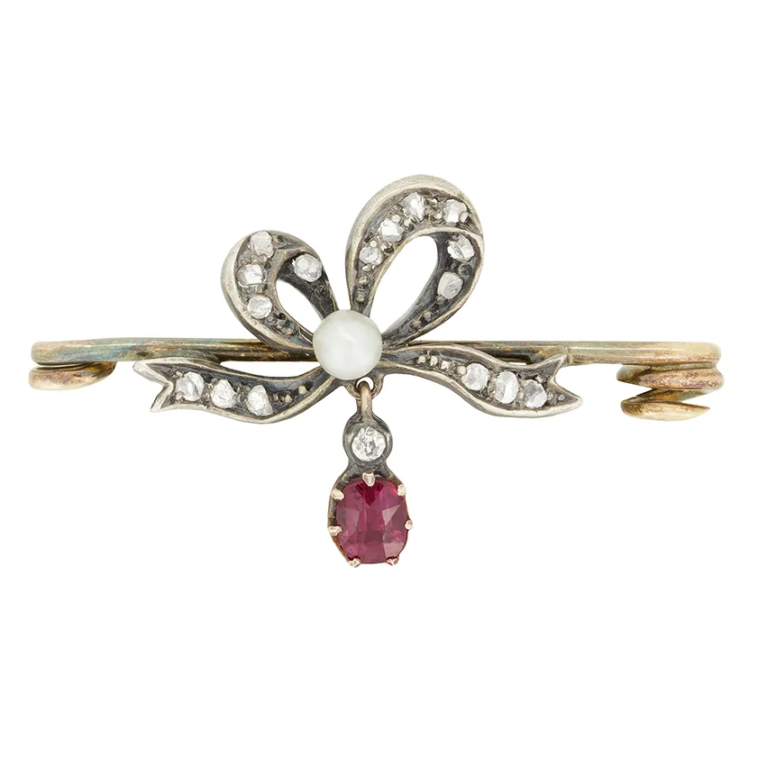 Victorian 0.30ct Ruby, Diamond and Pearl Brooch, c.1880s