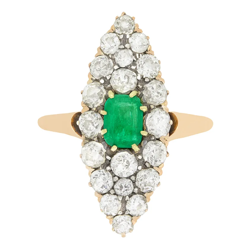 Victorian 0.60ct Emerald and Diamond Navette Ring, c.1880s