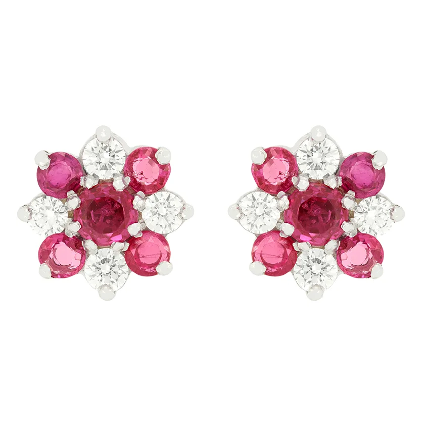Vintage 2.00ct Ruby and Diamond Cluster Earrings, hallmarked 1978