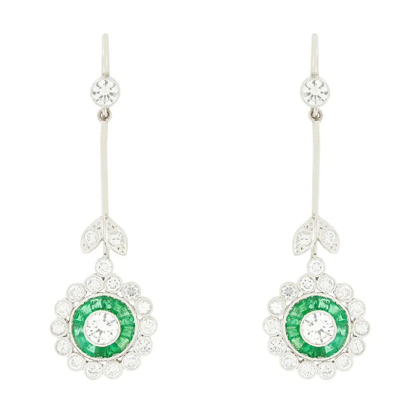 Late Deco 2.90ct Diamond and Emerald Target Drop Earrings, c.1940s