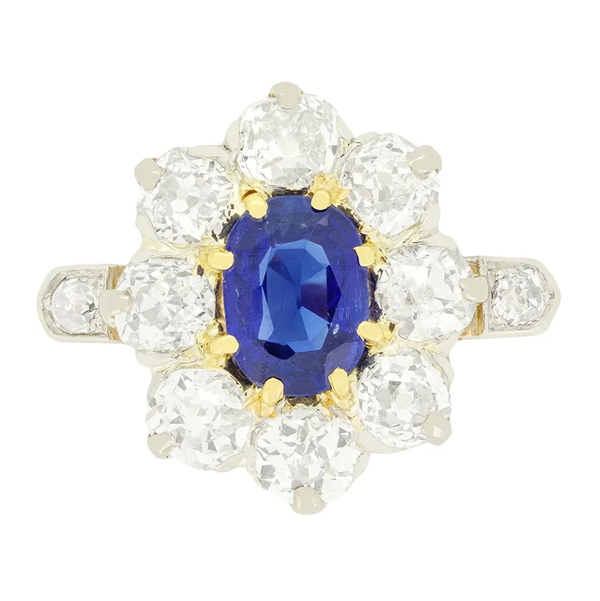 Edwardian 1.00ct Sapphire and Diamond Cluster Ring, c.1910s