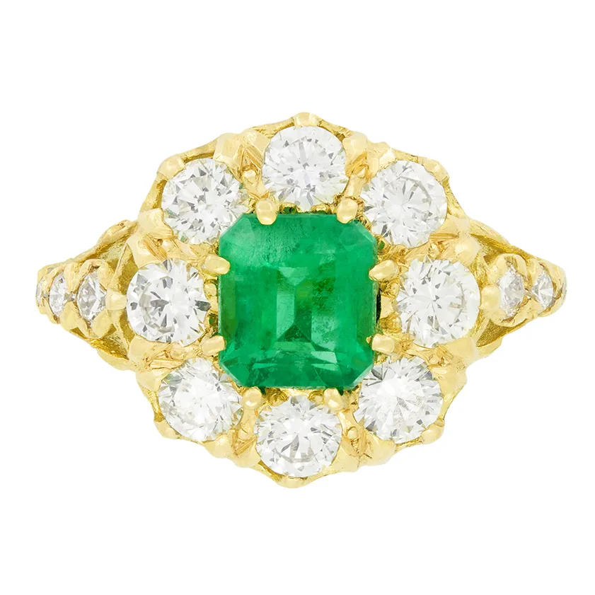 Vintage 1.20ct Emerald and Diamond Cluster Ring, c.1970s